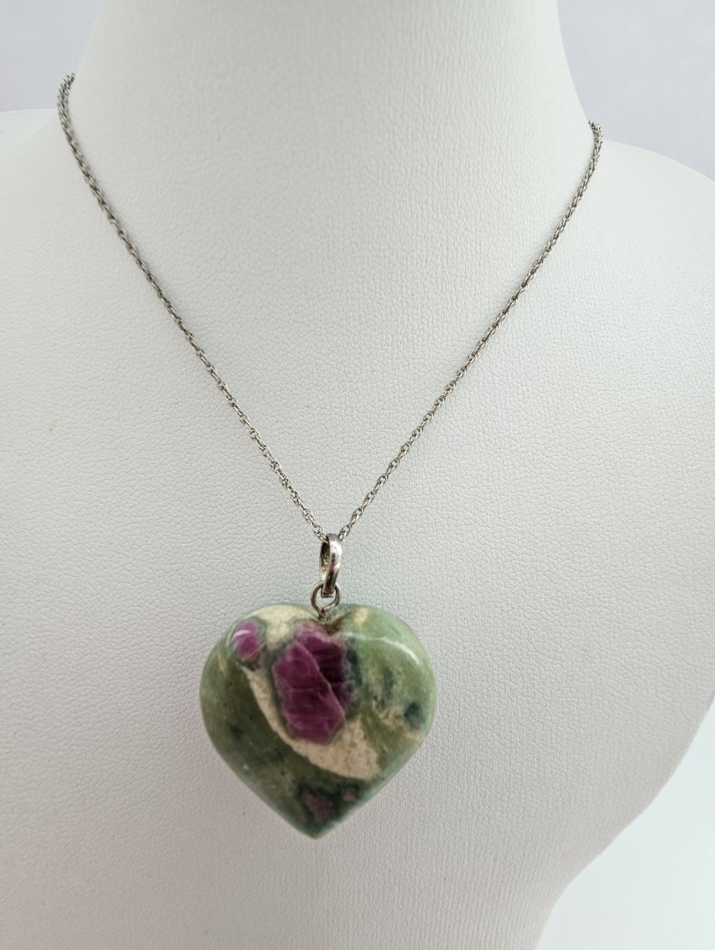 Large Ruby Zoisite Heart Necklace Sterling Silver Chain Boho Gemstone Jewelry
